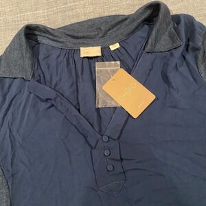Anthropologie Navy Blue Mixed Media Roll Tab Sleeve Tunic Top XL NWT